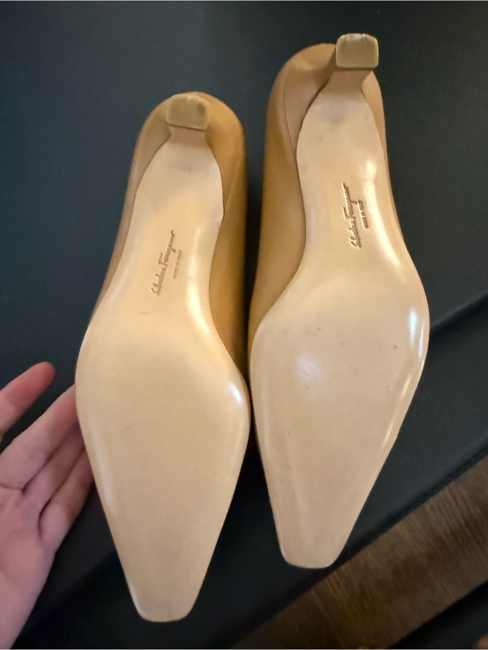 Salvatore Ferragamo Tan Leather Pointed Pumps with Gold Accent - Picture 4 of 4